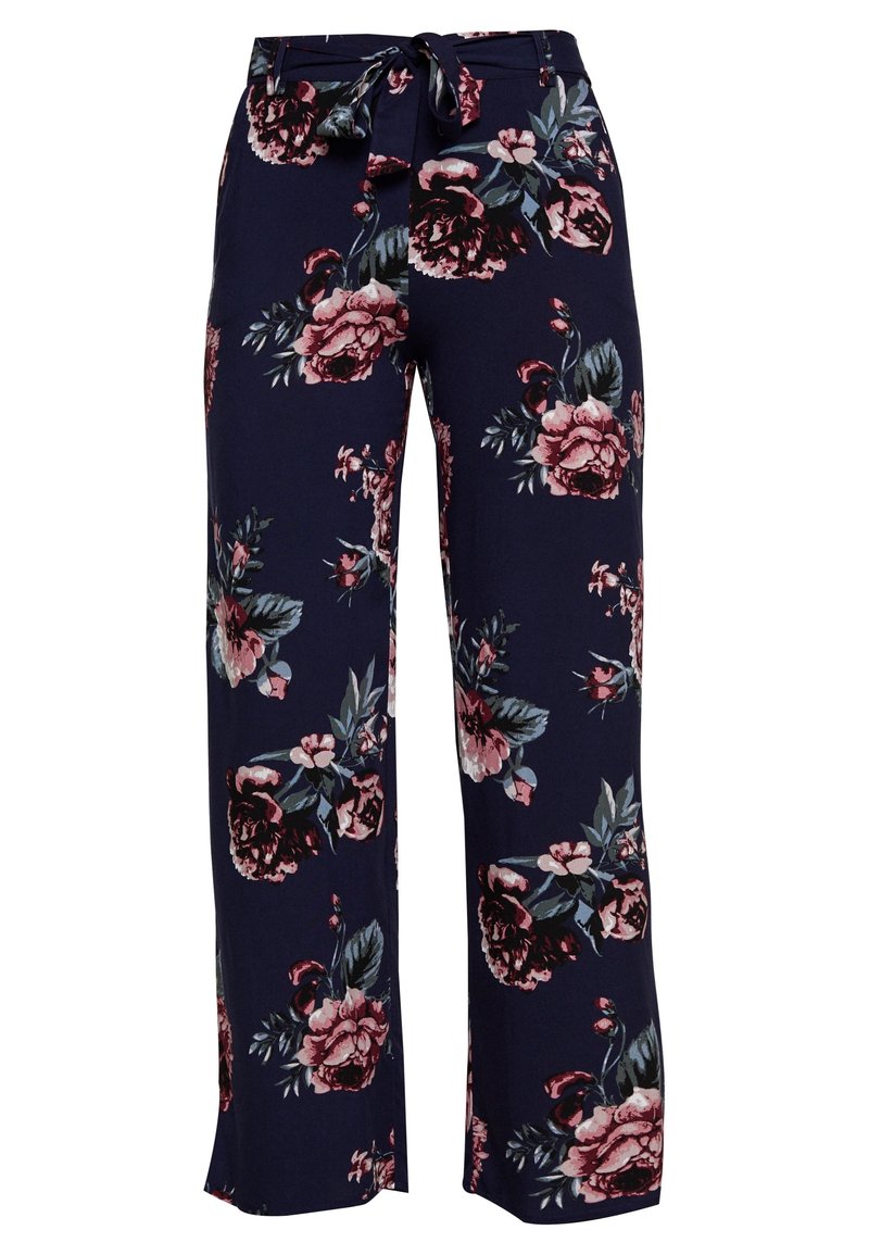 Floral wide-leg trousers in navy, featuring pink and cream flowers. Made from lightweight fabric with a tied waistband detail.