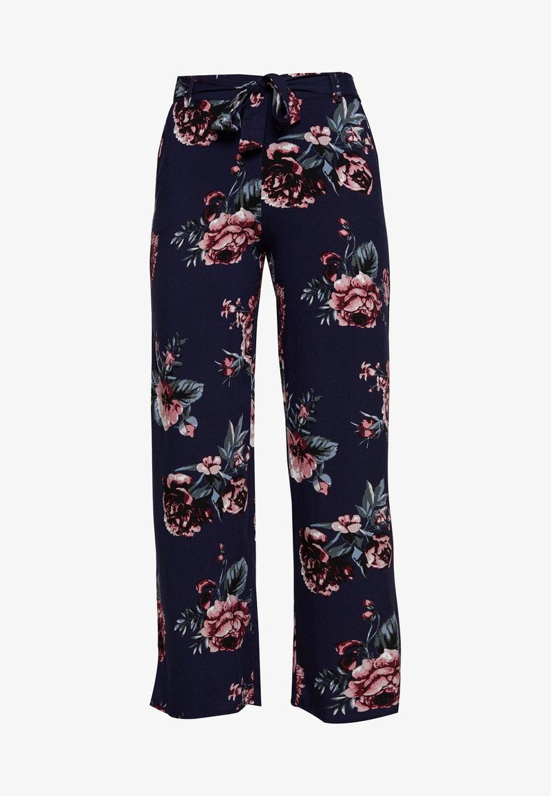 Floral wide-leg trousers in navy, featuring pink and cream flowers. Made from lightweight fabric with a tied waistband detail.
