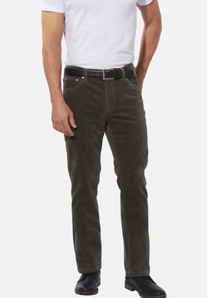 Dark green corduroy trousers with a slim fit, featuring a straight leg, front pockets, and a black belt. The fabric has a soft texture.