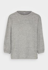 Maglione a maglia grigio chiaro a pois, con maniche a sbuffo lunghe e scollatura rotonda, esposto su uno sfondo bianco.