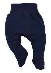 Mørkeblå bomuldsbabybukser med høj elastisk talje, rundede fødder og blød tekstur; designet til komfort og bevægelsesfrihed.