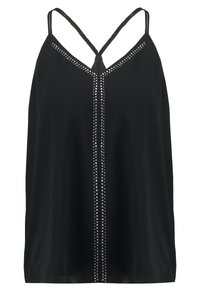 Top in tessuto nero con spalline sottili e regolabili, scollatura a V e una fila centrale di borchie argentate sul davanti per decorazione.