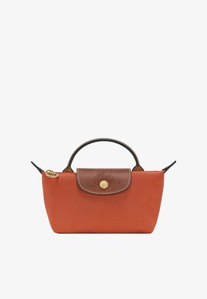 Orange nylon handbag with a brown leather flap and gold hardware. Features a top handle and a smooth, textured finish.