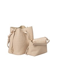 Beige Texturierte Bucket Bag mit geprägtem Design und goldenen Beschlägen, begleitet von einem kleinen passenden Beutel mit einem oberen Griff.