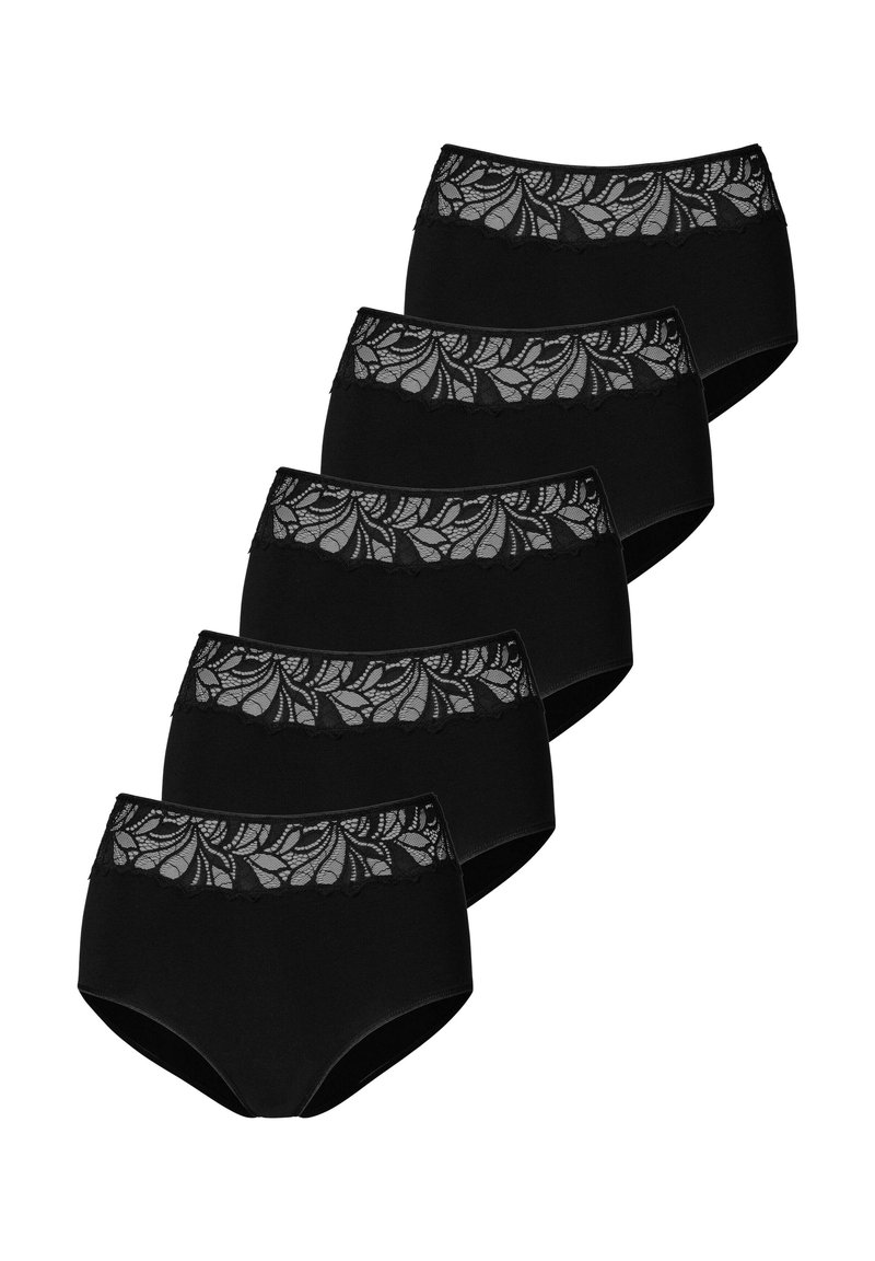 Pantaloni neri a vita alta con una fascia in pizzo che presenta un motivo floreale. Tessuto morbido, fascia elastica, cinque paia impilati in fila.