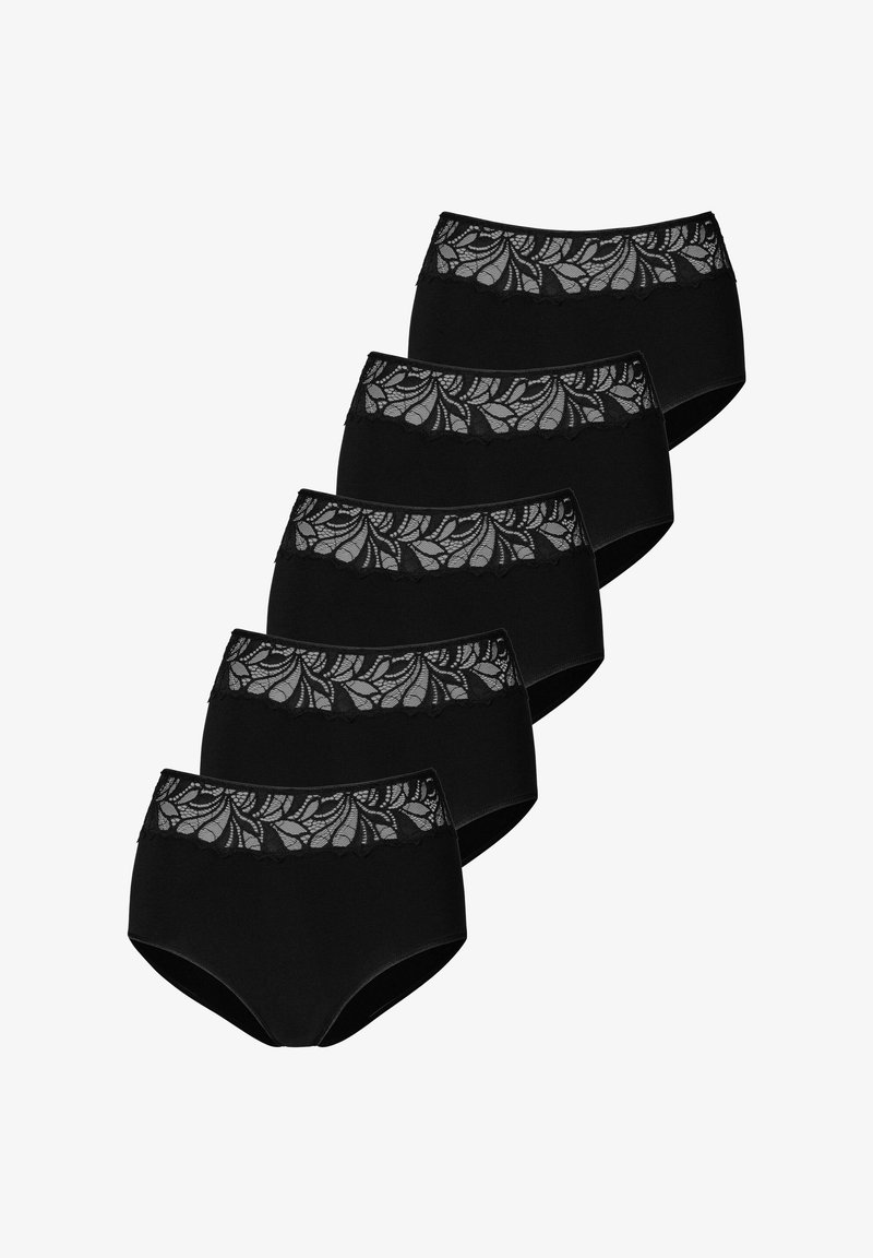 Pantaloni neri a vita alta con una fascia in pizzo che presenta un motivo floreale. Tessuto morbido, fascia elastica, cinque paia impilati in fila.