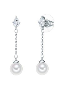 Pendientes de perla en forma de gota con cadenas de plata. Cada pendiente tiene un acento de cristal claro y una perla redonda y suave en el extremo.