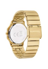 Goldener Edelstahluhren mit einem achteckigen Gehäuse, einem polierten silbernen Rücken und einem Gliederarmband-Design. Verfügt über einen Druckknopfverschluss.