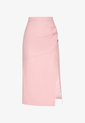 Vaaleanpunainen midihame, joka on valmistettu sileästä kankaasta ja jossa on sivuhalkio sekä laskostus vyötäröllä. Tasainen vyötärönauha, mukautettu malli.