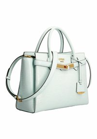 Bolso de mano verde menta con un patrón de cocodrilo, accesorios dorados, dobles asas superiores y una correa de hombro desmontable. Incluye una etiqueta.