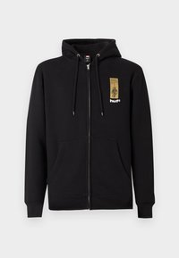 Black zip-up hoodie made of cotton blend, featuring a front pocket, drawstring hood, and a gold graphic logo on the chest.