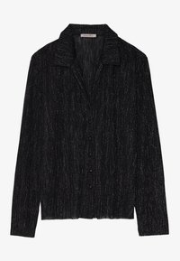 Černá dlouhá rukávová halenka s knoflíky, stříbrným třpytem a širokým límcem, označena "Anna Field."