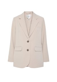 Beige takki, jossa on sileä pinta, yksirivinen muotoilu, vekilliset kaulukset, kaksi etutaskua ja kaksi pyöreää nappia.