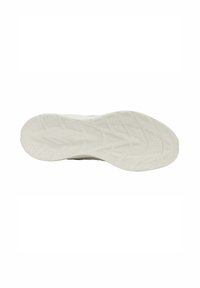 Suela de una zapatilla blanca con un diseño de banda de rodadura texturizado y geométrico para agarre y soporte, mostrada sobre un fondo blanco.