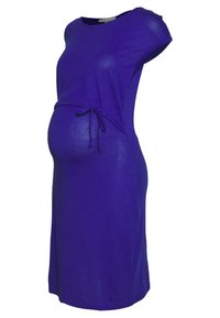 Lila gravidklänning, korta ärmar, mjuk jerseytyg, avslappnad passform med dragsko i midjan, knälång, slät yta.