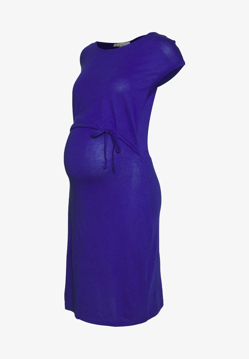 Purple maternity dress, short sleeves, soft jersey fabric, relaxed fit with drawstring at the waist, knee-length, smooth texture.
