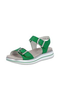 Grüne Ledersandale mit einer silbernen Schnalle, offenes Zehen-Design, gepolsterte Innensohle und weiß gestreifte Außensohle. Verfügt über verstellbare Riemen für eine optimale Passform.