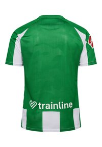 Zielona koszulka sportowa z teksturowanym wzorem, białymi akcentami, okrągłym dekoltem oraz logo "trainline" nadrukowanym w dolnej części.