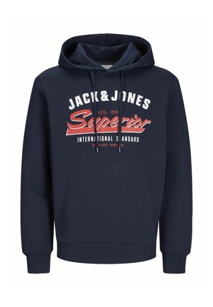 Tamnmodra kapuca iz bombažne mešanice z belo in rdečo grafiko spredaj, z vrvicami in rebrastimi manšetami.