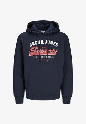 Tamnmodra kapuca iz bombažne mešanice z belo in rdečo grafiko spredaj, z vrvicami in rebrastimi manšetami.