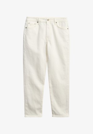 Weiße Jeanshose mit geradem Bein, ausgestattet mit einem Knopf- und Reißverschluss, fünf Taschen und dezenten Steppnähten.