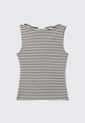 Gestreepte mouwloze top in bruin en crème, met een ronde hals en een slim-fit ontwerp. Gemaakt van een zachte, rekbare stof.