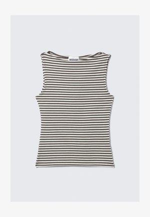 Gestreepte mouwloze top in bruin en crème, met een ronde hals en een slim-fit ontwerp. Gemaakt van een zachte, rekbare stof.