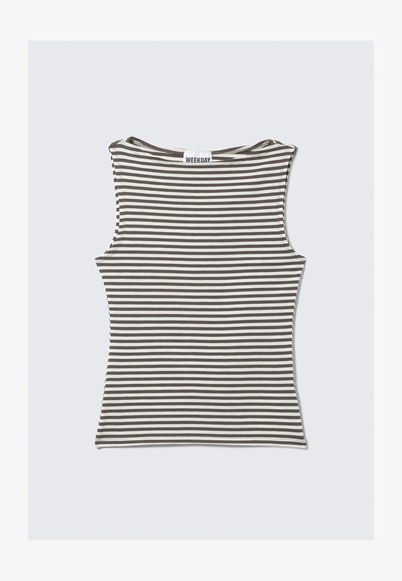 Haut sans manches rayé en marron et crème, avec un col rond et une coupe ajustée. Fabriqué en tissu doux et extensible.