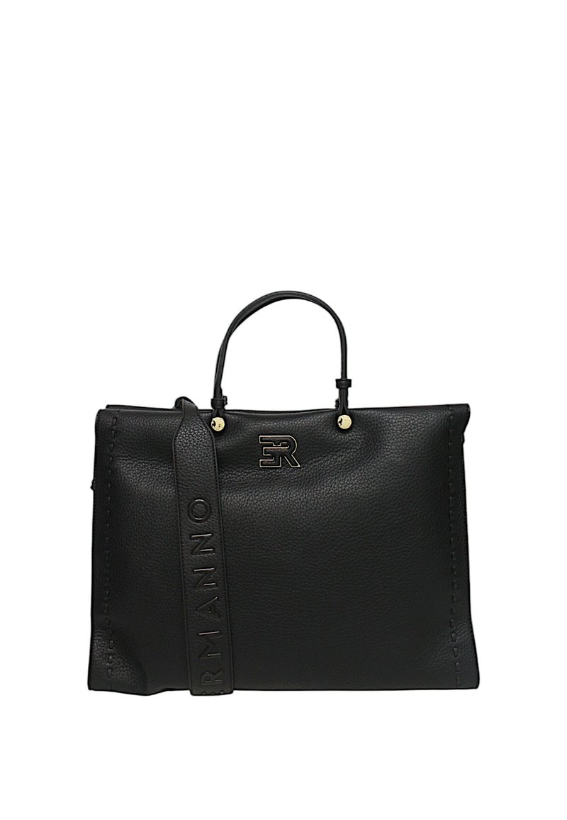 Borsa a tracolla in pelle nera texture con manici doppi e una tracolla staccabile. Caratterizzata da dettagli con logo impresso e cuciture in contrasto.