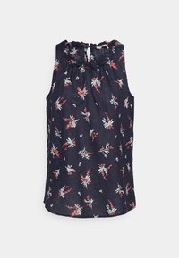 Marineblaue ärmellose Bluse mit floralem Muster in Rot und Weiß. Sie hat einen gerafften Halsausschnitt und eine Schlüssellochöffnung auf der Rückseite.