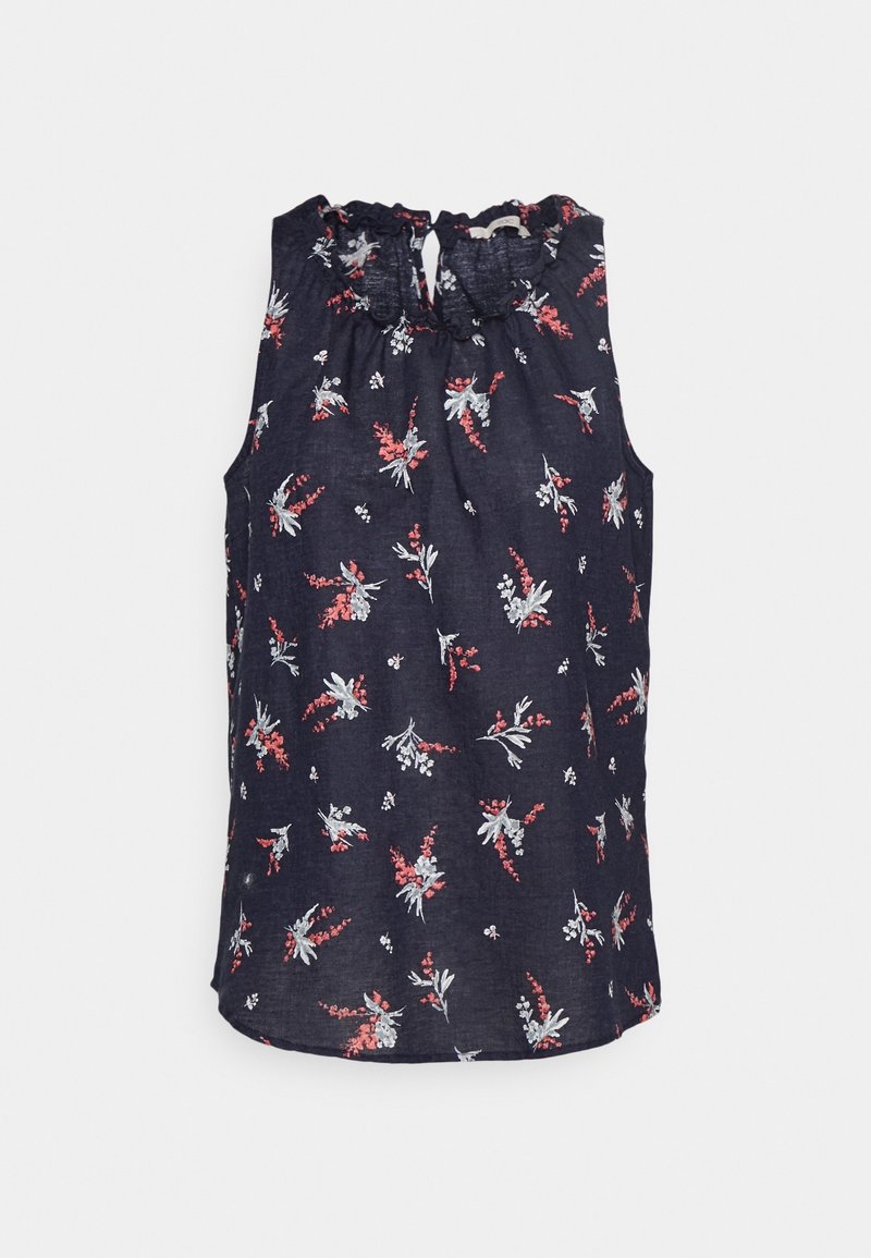 Marineblaue ärmellose Bluse mit floralem Muster in Rot und Weiß. Sie hat einen gerafften Halsausschnitt und eine Schlüssellochöffnung auf der Rückseite.