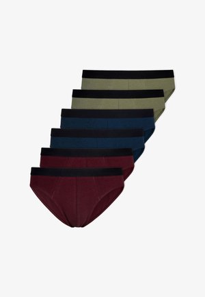 Fünf Paar Männerunterhosen in verschiedenen Farben: Oliv, hellgrün, marineblau, dunkelblau und burgunderrot, mit schwarzen elastischen Taillenbändern.