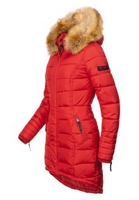 Red padded parka with a faux fur hood, zippered pockets, and elastic cuffs. Features horizontal stitching and a slightly longer back design.