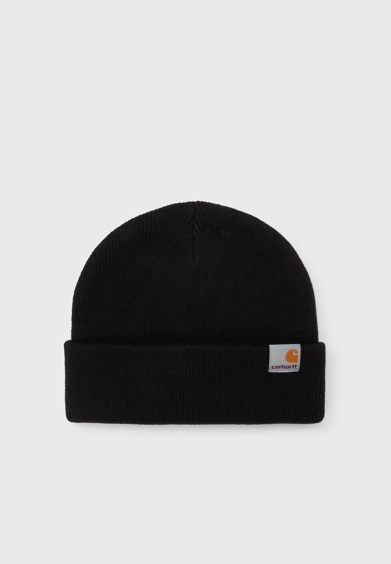 Zwarte gebreide beanie met een omgeslagen boord. Gemaakt van zachte stof, met een klein Carhartt logo label in oranje en wit aan de zijkant.
