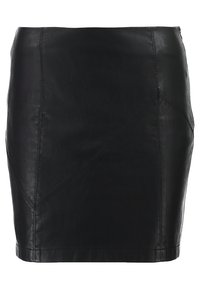 Černá kožená sukně s přiléhavým střihem, geometrickými švy a hladkým povrchem. Žádné viditelné kovové prvky ani akcenty.