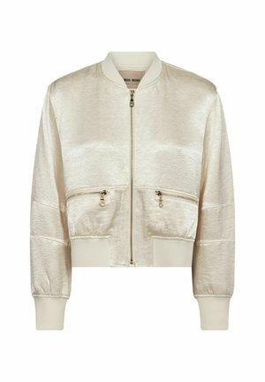 Lysebeige satin bomberjakke med frontlynlås, to vandrette lynlåslommer, ribbet krave, manchetter og kant.