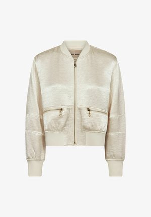 Lysebeige satin bomberjakke med frontlynlås, to vandrette lynlåslommer, ribbet krave, manchetter og kant.