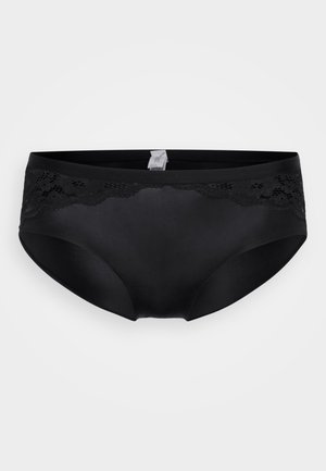 Black cotton brief featuring a smooth texture and a lace trim at the waist, with a classic shape and a comfortable, elastic waistband.