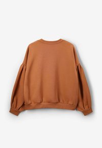 Sweat-shirt couleur rouille avec un col rond, des manches longues bouffantes et un ourlet côtelé. Fabriqué en tissu doux, avec une texture lisse.