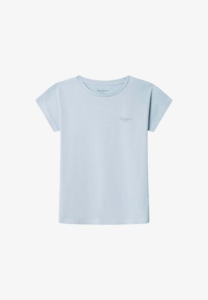 Hele sinine puuvillane T-särk lühikeste varrukatega ja ümmarguse kaelusega. Vasaku ülaosa peal rohelist värvi diskreetne bränditrükk. Sile tekstuur.