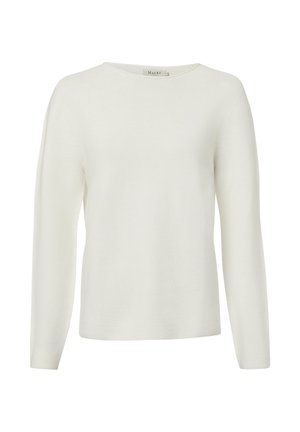 Long-sleeve white knit sweater with a round neckline, ribbed texture, and a tag reading "MAERZ" inside the collar.