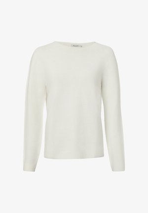 Weißer, langärmliger Strickpullover mit Rundhalsausschnitt, gerippter Struktur und einem Etikett mit der Aufschrift "MAERZ" im Kragen.