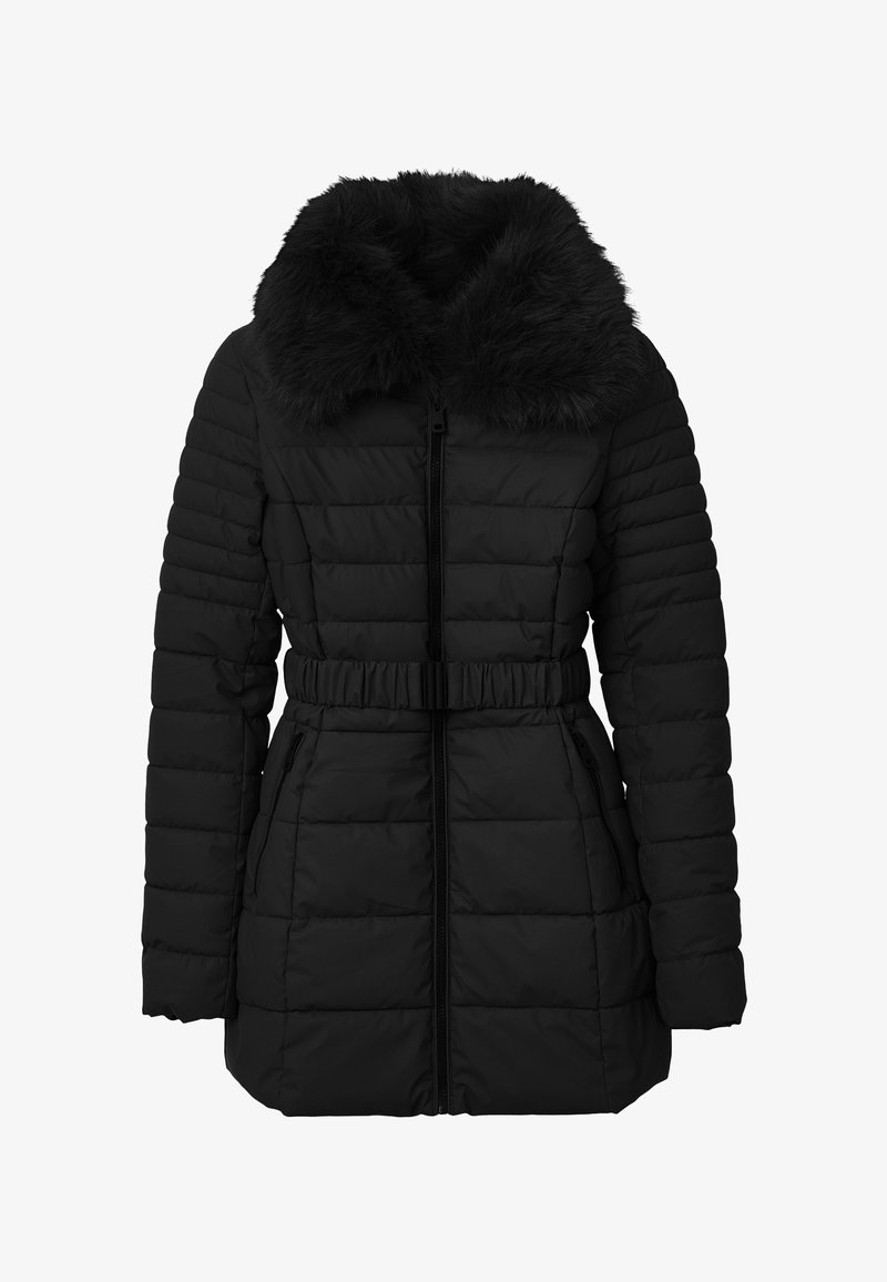 Giacca a vento nera con colletto in pelliccia sintetica, cintura elastica, trapuntatura orizzontale, due tasche laterali con zip e zip frontale completo.