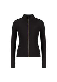 Chaqueta negra ajustada con cuello alto y cremallera frontal completa, con herrajes dorados y tejido texturizado. Diseño liso y elegante.