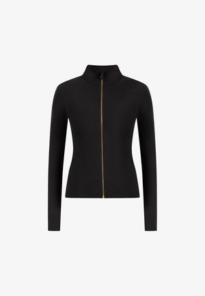 Schwarze, taillierte Jacke mit hohem Kragen und durchgehendem Frontreißverschluss, ausgestattet mit goldfarbenen Beschlägen und strukturiertem Stoff. Glattes, elegantes Design.