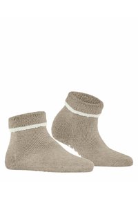 Beżowe skarpetki za kostkę z teksturowanym wzorem, prążkowanym ciałem, puszystym mankietem i białym dekoracyjnym paskiem na górze. Miękki materiał.