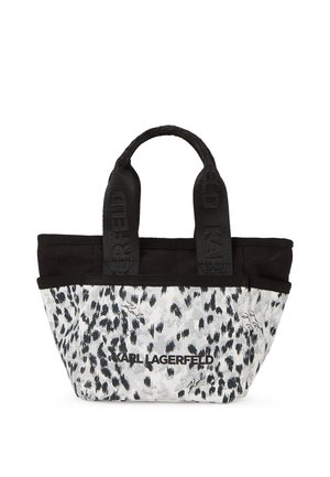 Kleine Tote-Tasche mit schwarz-weißem abstraktem Leopardenmuster, schwarzem oberen Rand und schwarzen Griffen mit geprägtem "Karl Lagerfeld" Schriftzug.