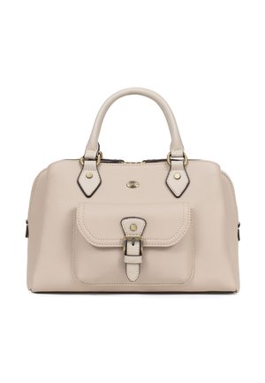 Borsa a mano in pelle beige con due manici, una tasca frontale chiusa da una fibbia e dettagli in metallo color oro.