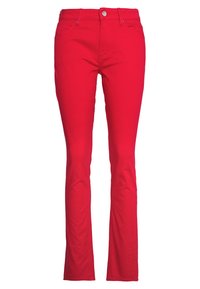 Jean rouge en tissu mélangé coton, avec une coupe slim, cinq poches, une fermeture éclair et un bouton en métal.