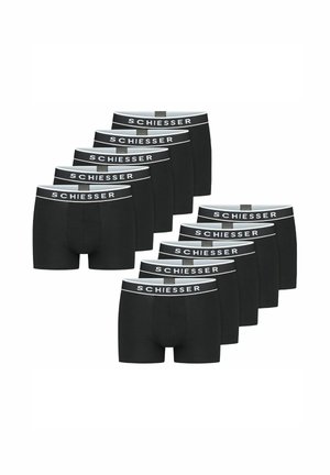 Schwarze Baumwollboxershorts mit einem weichen Bund, der das "Schiesser"-Logo in Weiß zeigt. Set aus zehn Stück, einheitliches Design und Textur.
